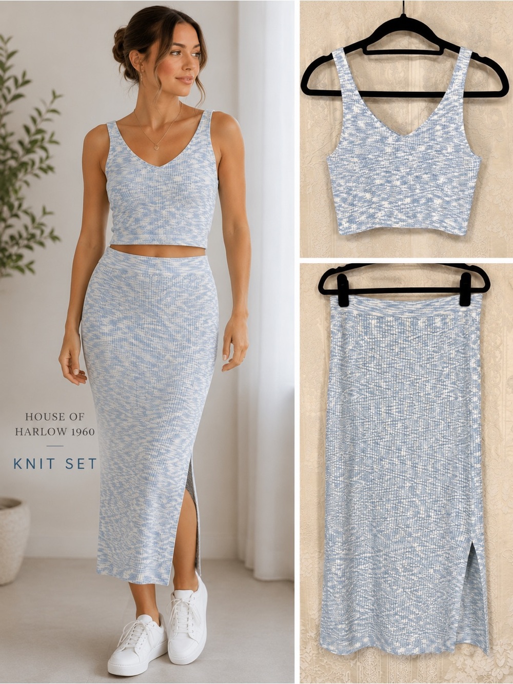 House of Harlow 1960 XS Blue Ribbed Knit Crop Top Midi Skirt Set